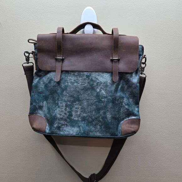 Anthropologie Handbags - Jesslyn Blake Anthropologie Canvas & Leather Crossbody Messenger Bag Brown Blue